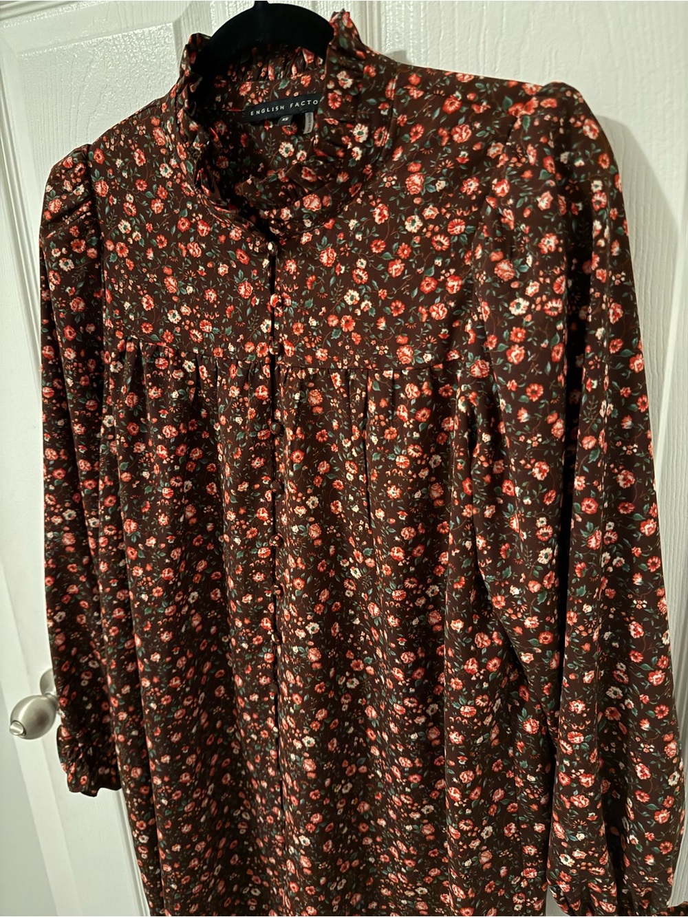 English Factory Floral Long Sleeve Mini Dress with Front Button Detail - Picture 3 of 13